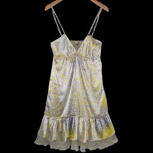 Reef Slip Dress Size Small Silky Satin Ivory Yellow Tan Ruffle Spaghetti Strap